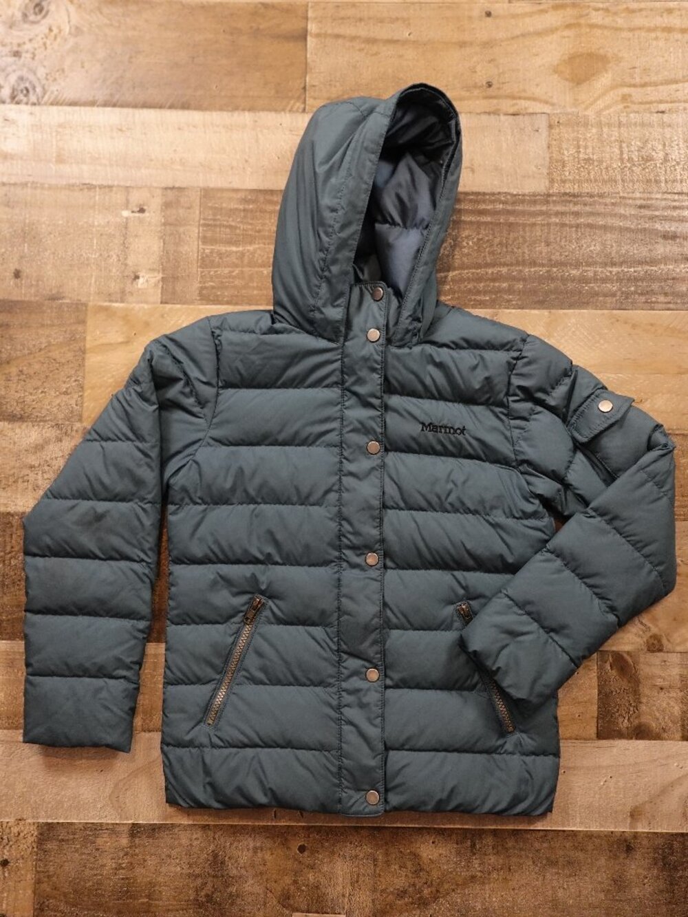 Marmot 700 Fill Down Hooded Puffer Jacket Girls Medium Dusty Slate Winter Coat